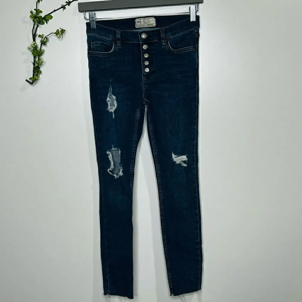 Free People Button Fly Raw Edge Hem Distressed Jeans